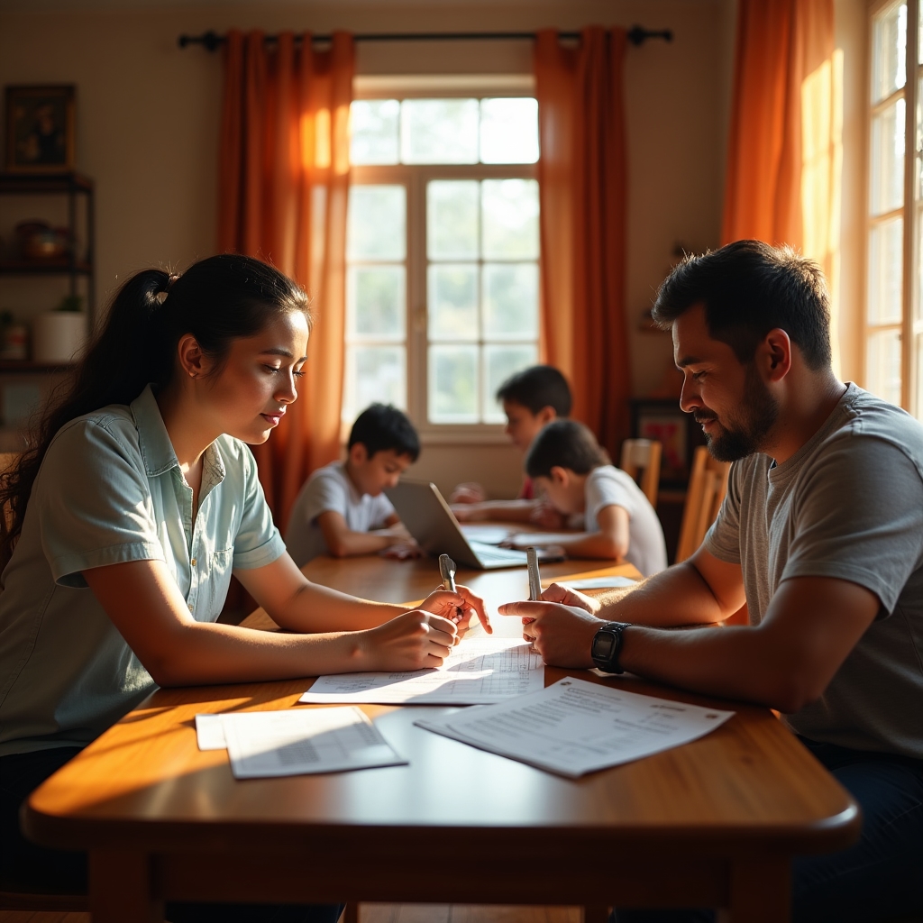 Family reviewing household expenses together at a dining table
