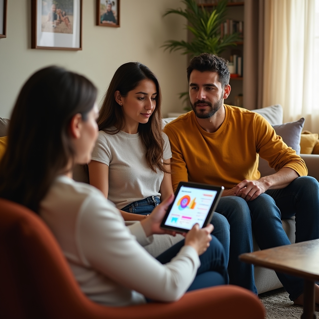 Morvisto consultant working with a family in a comfortable home setting reviewing spending categories together